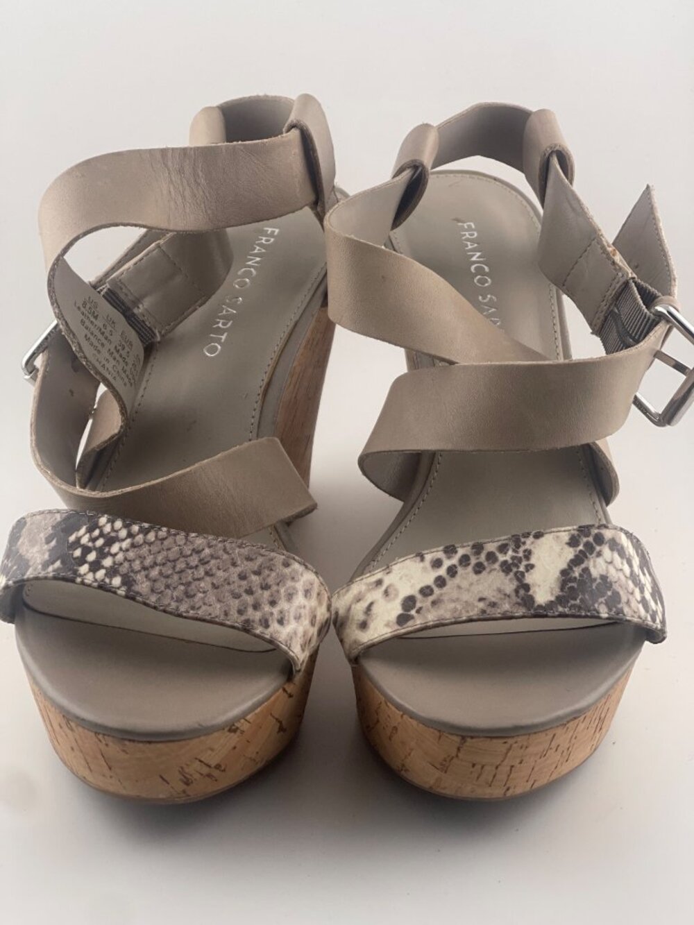 Franco Sarto Beige & Snake Print Cork Wedge Sandals Size 8.5M
